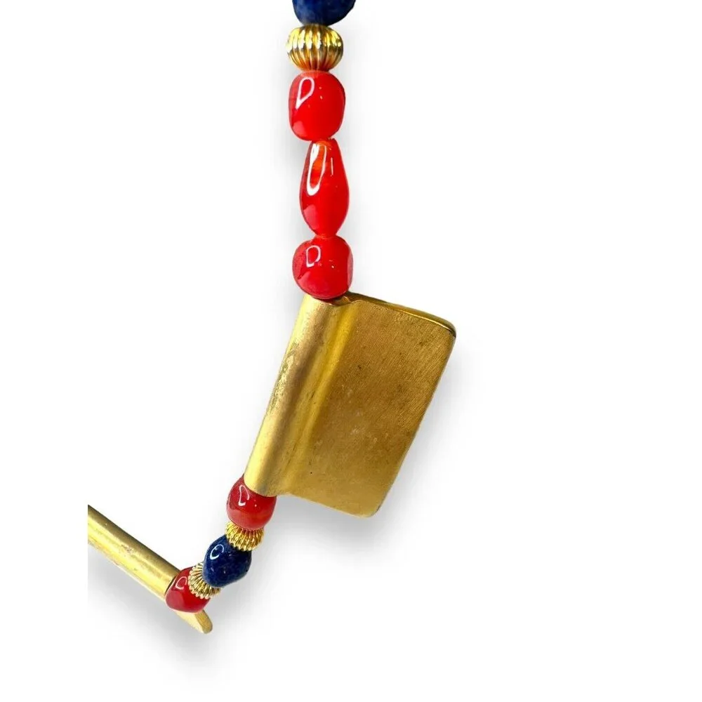 Vintage Tribal-Inspired Red, Blue & Gold Statement Necklace 27" Unsigned - Picture 10 of 13